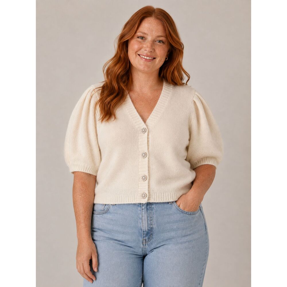 Beivy Cropped Puff Sleeve Cardigan - Cream - Rhinestone Flower Buttons - Size L